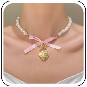 Kal-Collier Boho Collier Perle Choker Collier Coeur Perle Argent Collier Pendentif Coeur Bouffant Collier Ruban Perle Noeud Dentelle Rose Collier Chaine Bijoux Pour Femmes - Neuf