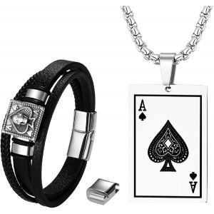 Eryi-Ensemble Collier Et Bracelet Pour Homme - En Acier Inoxydable - Avec Pendentif Croix Celtique - Carte De Jeu Et Large Bracelet En Cuir Véritable - Doré/Argenté - Neuf