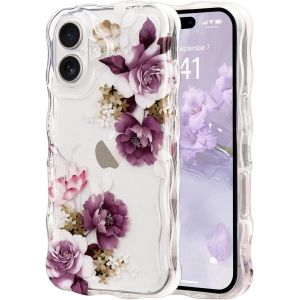 Kal-Coque Pour Iphone 16 Plus Clair Transparent Avec Cadre Ondulé Bouclé, Housse Etui Motif De Fleur Florale Mignon Pour Femme Fille,Bumper Case Protection Antichoc En Silicone Souple,Violet - Neuf