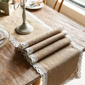 Mevronisshop-Hessian Chemin De Table Toile De Jute Crème Dentelle Contractée Table À Thé Couverture Rustique Commode Linge De Table Pour Restaurant Cuisine Salle À Manger Fête Ferme Décor - Neuf