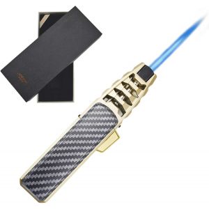 Br&ucirc;leur &agrave; Butane R&eacute;glable et &Eacute;tanche au Vent pour Cigare, Grill, BBQ, Camping, Cuisine, Chalumeau Ajustable en Hauteur de Flamme avec Syst&egrave;me de S&eacute;curit&eacute;, Or, 1300&deg;C, 15 cm - Neuf