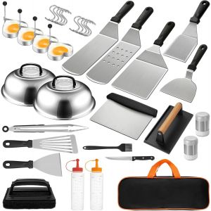 ASFASFq-35 Pièces Ustensiles Barbecue Set - Acier Inoxydable Accessoires Barbecue, avec Spatule Plancha & Spatule Patisserie & Presse à Hamburger, pour Barbecue, Pique-Nique, Camping - Neuf
