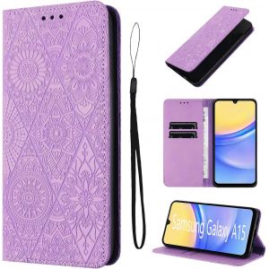 KAL-Housse Pour Samsung Galaxy A15 4G/5G 6.5 Pouces Cuir Artificiel Coque Samsung A15 Avec Fente Pour Carte Etui Samsung A15 Motif De Fleurs B&eacute;quille Protection Samsung A15 Violet - Neuf