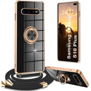Kal-Coque Pour Samsung Galaxy S10 Plus, Coque Samsung S10 Plus Avec Cordon Collier Silicone Housse 360° Voiture De Bague Magnétique Étui Antichoc Réglable Case Coque Pour Samsung S10 Plus, Noir - Neuf