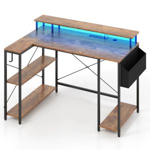 Bureau d'angle 120 x 80 x 87 cm avec &eacute;clairage led et prises pratiques design moderne en bois d'ing&eacute;nierie marron rustique Helloshop26 20_0010889 - Neuf