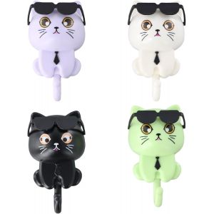 Eryi-Lot De 4 Crochets Muraux Autocollants Décoratifs En Forme De Chat, Cute Wall Decorative Key Hook, Crochet Adhesif Mural, Animal Wall Hooks, Petit Crochet Adhesif Mural, Pour Salle De Bain, Cuisi - Neuf