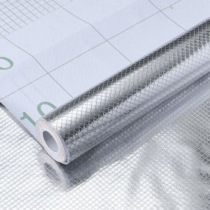 Papier peint autocollant pour meubles de cuisine, motif losange argenté, rouleau de papier peint autocollant, rouleau d'aluminium autocollant, imperméable et résistant à l'huile - Neuf