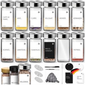 Tianyi-Pot A Epices En Verre, Bouchon Inox Epices Bocaux Epices 120ml, 12 Epices Pots Rangement, Avec Etiquette Epices, Entonnoir, Stylo, Embout Multi-Type Sortie, Rangement Parfait Cuisine D'epices - Neuf
