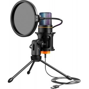 USB Microphone, Micro PC Micro Gaming avec Tr&eacute;pied et Filtre Anti-Pop, Micro Gamer &agrave; Condensateur pour Podcasting, Streaming, avec lumi&egrave;re RGB, pour PC, PS4/5, Mac, Windows - Neuf