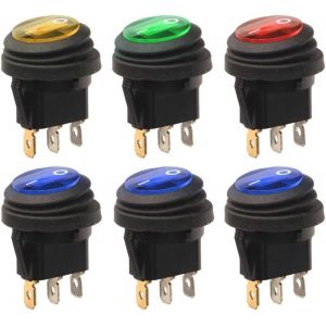 6pièces 12V-24VDC 20A Interrupteurs à Bascule LED Lumière,3Pin SPST Étanche Rond Bouton de Commande Commutateur on/Off,pour Voiture Auto Bateau Camion (1xRouge/Jaune/Vert,3xBleu) - Neuf