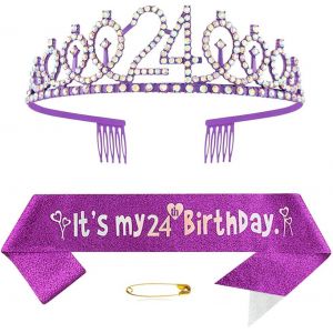 Kalvd-Écharpe Violette Pour 24e Anniversaire De Fille-Couronne De Princesse-Diadème En Strass-Décorations De Fête D'anniversaire Pour Fille Et Femme-Fournitures De Fête D'anniversaire De 24 Ans - Neuf