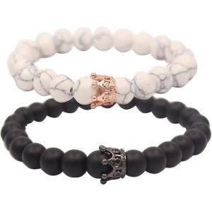 Bracelet Couple, Couronne Roi Et Reine En Noir Et Blanc, Bracelet 8 Mm - Neuf