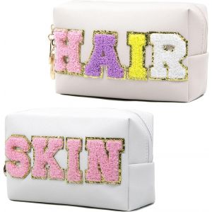 MAA-Lot de 2 trousses de maquillage en forme de lettre - Petite trousse de toilette de voyage étanche et portable pour femme - Trousse à crayons, Blanc + beige (peau rose + cheveux colorés), - Neuf