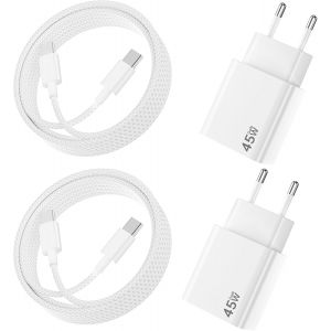 JGD-2Pack Chargeur USB C 45W Chargeur pour Samsung Charge Rapide avec 2Pack 100W C&acirc;ble USB C 2m, 45W Chargeur Rapide pour Samsung Galaxy S25/S24/S23/S22/S21/S20/Note 20, pour iPhone 16/15 - Blanc - Neuf