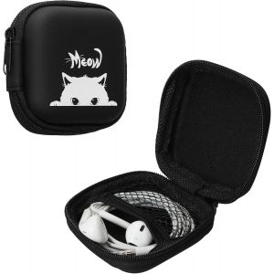 LORANKA-Housse Rigide pour &eacute;couteurs - Sacoche de Protection Antichoc pour Oreillettes avec Fermeture &eacute;clair et Filet int&eacute;rieur - Chat Noir Gris-Noir - Neuf