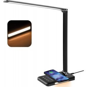 Lampe De Bureau, Lampe De Table Led Avec Charge Sans Fil Qi 10w, Fonction De Charge Usb, 600lm Lampe Bureau Led Dimmable, Lampe De Lecture, Veilleuse, Fonction Mémoire, Contrôle Sensible, 6000k, Noir - Neuf