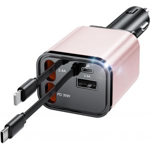 JGD-Chargeur de Voiture r&eacute;tractable,Chargeur de Voiture Rapide USB C 4 en 1 60W,c&acirc;bles r&eacute;tractables(2.6Ft) et Adaptateur de Chargeur de Voiture &agrave; 2 Ports USB,Compatible avec iPhone 15/14/13/12. - Neuf