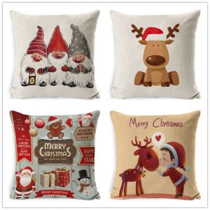 No&euml;l Housse De Coussin 45x45cm, Ensemble De 4 D&eacute;corative De No&euml;l Canap&eacute; En Coton Et Lin De No&euml;l Pour Canap&eacute;-Lit Chambre &Agrave; Coucher Chaise De Jardin-Joyeux No&euml;l D&eacute;coration - Neuf