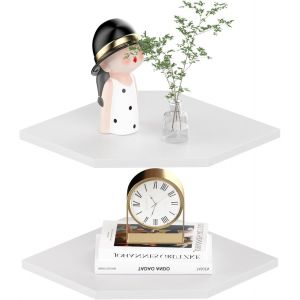MEVRONISSHOP-tag&egrave;re d'angle 30 cm - avec Trous pour Fils, 2 Niveaux 33,7 cm Profondeur, &Eacute;tag&egrave;res en Bois pour Rangement Mural (Parfaites pour Haut-Parleur & Pi&egrave;ces D&eacute;coratives), Blanc - Neuf