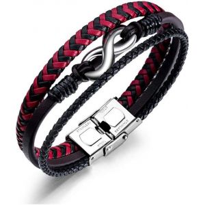 Eryi-Infini Bracelet Cuir Pu Brun Trois Rangées Acier Inoxydable Fermoir 21cm B309 - Neuf