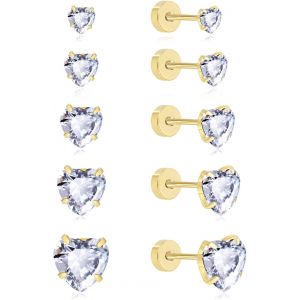 Kal-Lot De 5 Paires De Boucles D'oreilles À Tige En Acier Inoxydable Chirurgical Hypoallergénique En Forme De C?ur/Étoile En Oxyde De Zirconium Plaqué Or Pour Cartilage Hélix 3-8 Mm - Neuf
