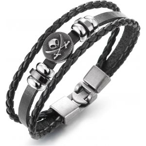 Eryi-Pirate Crâne Charmes Noir Cuir Bracelet Tressé - Homme Trois Brins Cuir Envelopper Bracelet - Neuf