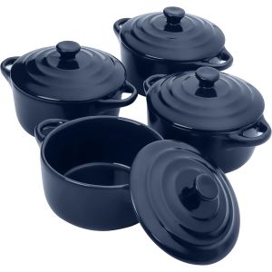 Jexnovashop-Belle Vous Mini Cocotte Individuelle Four En C&eacute;ramique Avec Couvercles (Lot De 4) - 170 Ml Petite Cocotte Ronde Bleu Marine Avec Couvercles Et Poign&eacute;es Pour Souffl&eacute;, Cr&egrave;me Br&ucirc;l&eacute;e Et Lasag - Neuf