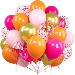 SJZG-Ballons Rose Orange, 60 Pi&egrave;ces 12 Pouces M&eacute;tallique Chrome Dor&eacute; Confettis Rose Vif Latex Ballon Avec Ruban Pour Filles Enfant F&ecirc;te Anniversaire Baby Shower Mariage Bapt&ecirc;me Hawa&iuml;en D&eacute;coration - Neuf