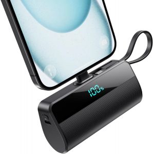 Thef-Batterie Externe Pour Iphone, 5500mah Mini Power Bank Avec Câble Usb C Intégrés, 20w Pd Charge Rapide Chargeur Portable Écran Lcd Batterie Portable Compatible Avec Iphone 16/15/14/13/12/11/X/8/7 - Neuf