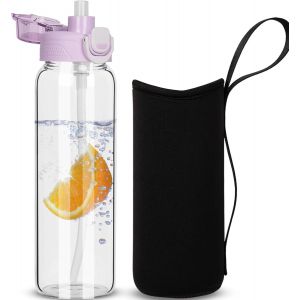 0.8l Gourde En Verre Avec Paille,800ml Bouteille D'eau En Verre Borosilicaté Anti-Fuite Avec Étui De Protection En Néoprène.[B1280] - Neuf