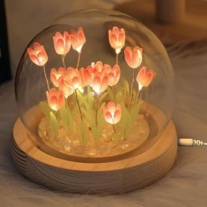 Lampe Tulipe &Agrave; Faire Soi-M&ecirc;me Veilleuse Tulipe : Lampe De Chevet Tulipe Avec Couvercle En Verre, Lampe D'ambiance Chambre &Agrave; Coucher Lampe De Table Pour Dormir, Lampe De Fleur De Tulipe Pour - Neuf