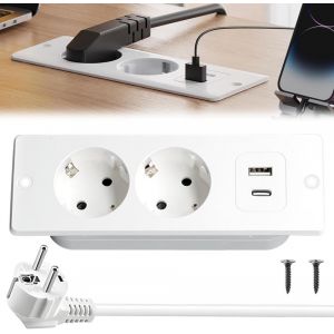 Prise Encastrable Plan de Travail, Multiprise Encastrable avec USB-A et Type-C, Multiprise Encastrable de Table, Multiprise Int&eacute;gr&eacute;e avec C&acirc;ble 2M, Multiprise pour Cuisine, Bureau, Blanc - Neuf