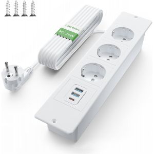 Prise Encastrable de Table USB C PD 20W, Multiprise Encastrable 3 Prises, Prise de Table, Multiprise pour Meuble ou Plan de Travail, Câble 1,8m, Blanc - Neuf