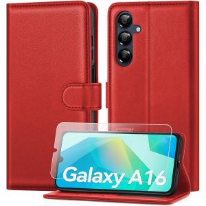 CAUC-Coque pour Samsung Galaxy A16 avec Verre Tremp&eacute;, &eacute;tui Cuir PU Magn&eacute;tique [ Pochette de Portefeuille ], Housse de Fonction Stand Video Porte Carte Credit &agrave; Rabat pour Samsung A16 -Rouge - Neuf