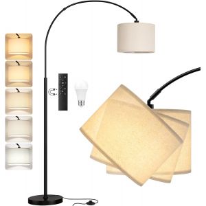 Subzonal-Lampadaire Sur Pied Salon, Led E27 Lampe A Pied Avec T&eacute;l&eacute;commande, Lampadaire Arc Vintage, 3000k-6000k Intensit&eacute; Variable Pour Salon Chambre Bureau, Abat-Jour Beige Et Socle Noir, 180cm - Neuf