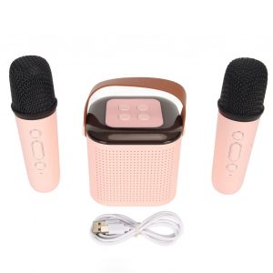 Mini machine de karaoke stereo portable avec lumiere RVB et haut-parleur Bluetooth, avec 2 microphones sans fil, pour fete a la maison, rose - Neuf