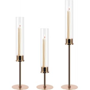 Lot De 3 Bougeoirs Dor&eacute;s Avec Cylindre En Verre - 36/41/46 Cm - Bougeoirs En Verre Pour Bougies &Agrave; Tige - Bougeoirs D&eacute;coratifs Vintage Pour Salon, Mariage, F&ecirc;te - Neuf