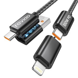 TRAHOO-C&acirc;ble Multi USB, 4 en 1 C&acirc;ble Universel [2M] 100W Multi USB C&acirc;ble de Chargement en Nylon avec USB C/USB A vers Lightning/Type C pour iPhone 17/16/15/14 Pro Max, Galaxy S25/S24/S23, MacBook, Pa - Neuf