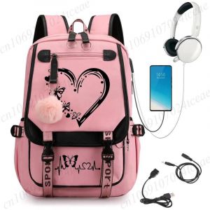 KALEC-Sac &Agrave; Dos D'&Eacute;tudiant &Agrave; La Mode,Sac D'&Eacute;cole Imprim&eacute; Coeur Papillon,Sac &Agrave; Dos Pour Adolescent,Sac &Agrave; Bandouli&egrave;re D&eacute;contract&eacute; Avec Port Usb,250625-6-4-10 - Neuf