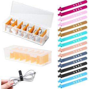 Lot de 2 bo&icirc;tes de rangement pour c&acirc;bles en plastique transparent avec 7 compartiments et 16 serre-c&acirc;bles,protection pratique des c&acirc;bles et enrouleur de c&acirc;ble - Neuf