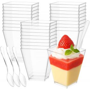 Mevronisshop-Lot De 25 Verres &Agrave; Dessert En Plastique 160 Ml &iquest; Avec Cuill&egrave;res &iquest; R&eacute;utilisables Coupes &Agrave; Dessert, Rectangulaires Verrine Dessert &iquest; Id&eacute;als Pour Desserts, Pudding, Mousse, Glace - Neuf