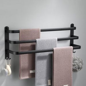 Porte Serviette Salle de Bain sans Percage Porte-Serviettes Murale Noir avec 2 Crochets Barre Serviette en Aluminium Cuisine Noir 3 Couches 30cm - Neuf
