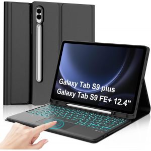 Coque Clavier Samsung Galaxy Tab S9 Fe Plus/S9 Plus 12.4"" 2023, Étui Keyboard 7 Couleurs Rétroéclairées Azerty Layout Bluetooth Amovible Avec Pavé Tactile Avec Porte Crayon, Noir - Neuf