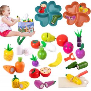 Accessoire De Cuisine Pour Enfant En Bois : Jeu De Fruits Et L&eacute;gumes D&eacute;coupables Avec Sac De Rangement - Neuf
