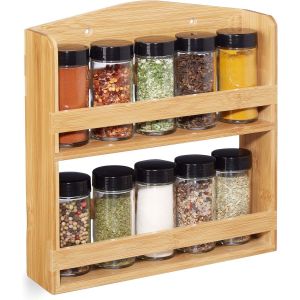 CAUC-10028825 &Eacute;tag&egrave;re Bambou, 10 Pots Verre, Pr&eacute;sentoir &agrave; &eacute;pices, Organiseur Mural, Rangement, Nature - Neuf