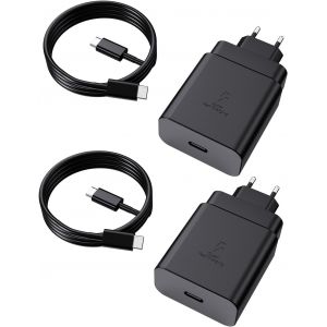 Chargeur Super Rapide 45W 2 Pack Usb-C Prise Chargeur + 1.8M Type C C&acirc;ble Compatible Avec Samsung Galaxy S25 Ultra S24 S23 S22 S21 S20 Fe 5G, A55 A54 A53 A52, Note 20 10,Tab S8 S9 - Neuf