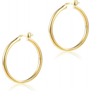 Kal-Boucles D'oreilles Créoles Pour Femme En Argent Sterling 925, Boucles D'oreilles Créoles Carrées Hypoallergéniques Plaquées Or 14 Carats (30 Mm) Boucles D'oreilles Argent Plaqué Or - Neuf