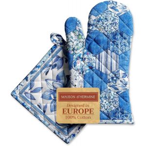 Eryi-Summer Blues Ensemble Comprenant 1 Gant De Cuisine 100% Coton (19cm X 33cm) Et 1 Manique (20cm X 20cm) Pour Barbecue, Cuisson, Grillade, Micro-Ondes, Printemps Et Été - Neuf