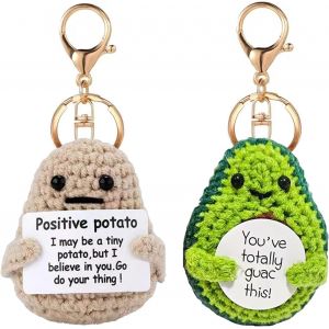 KAL-2 Pièces Porte-Clés - Adorables Porte-Clés En Tricot Avec Une Pomme De Terre Et Un Avocat, Avec Des Messages Encourageants - Neuf
