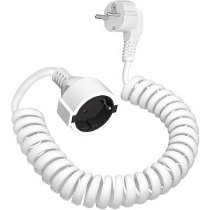 Rallonge de Contact de Protection, rallonge spiral&eacute;e Extensible de 0,76 m &agrave; 4 m Max, c&acirc;ble rallonge IP20, rallonge (230V/16 A), c&acirc;ble spiral&eacute; avec fiche Schuko et raccord, Blanc - Neuf